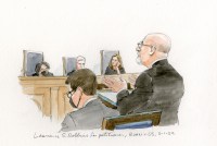 A traditional courtroom illustration, in watercolor and pencil, depicting attorney Lawrence Robbins arguing before the Supreme Court. He wears a black suit, glasses, and is bald.