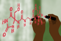 A digital illustration of a Black person's hand writing the chemical structure of imidazolidinyl urea on a bathroom mirror with pink lipstick.