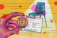 A digital illustration in watercolor and pencil shows a hand holding an ID card in the foreground of the scene. Instead of showing a picture of a person, the ID card shows a microscopic image of an embryo. The ID card reads, 鈥淐lass: embryo; name: TBD; date of birth: unknown; sex: unknown; weight: unknown; height: unknown; eyes: unknown.鈥� In the background, there is an empty chair where the person holding the ID card might have expected to see a person.