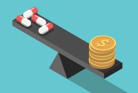 An illustration of pills and coins being balanced on a seesaw.