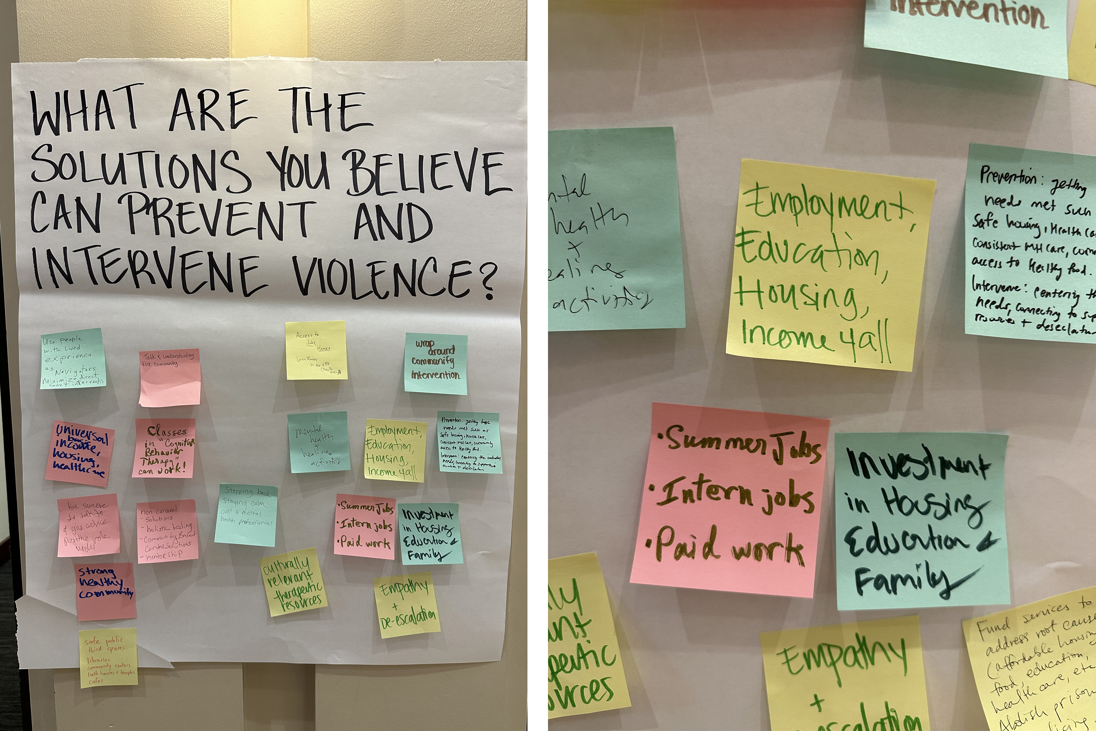On the left, a large piece of paper hangs from a wall. It reads "What are the solutions you believe can prevent and intervene violence?" and 18 pastel sticky notes are attached beneath. On the right are close-ups of the sticky notes, with notes like "Employment, Education, Housing, Income 4-all."