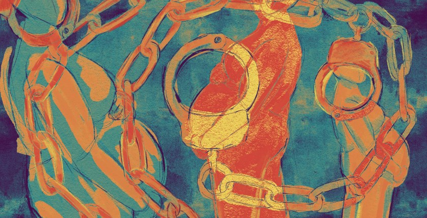 A digital illustration in colorful gouache shows a small crowd of abstract pregnant figures. A large pencil drawing of handcuffs on a chain is overlaid on the canvas in the shape of a spiral. It obscures the faces of the people.