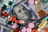 Colorful pills and capsules are scattered on top of a U.S. $100-dollar-bill.