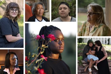 A collage of portraits of seven people affected by medical debt.