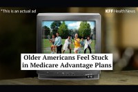 A thumbnail from a video of an analog TV with text over it that reads, "Older Americans Feel Stuck in Medicare Advantage Plans."