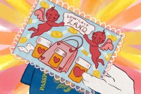 A colorful cartoon drawing shows a hand holding a postcard. The postcard image is of a banner reading 鈥淟OW-COST LAND鈥� and being held by two cherry-red Cupids. Below the Cupids are prescription bottles and a shopping bag decorated with hearts. Gold coins with wings decorate the background. Two U.S. passports are visible tucked behind the postcard.