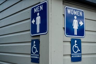 A photo of signage on a paneled building directing people to separate gendered bathrooms.